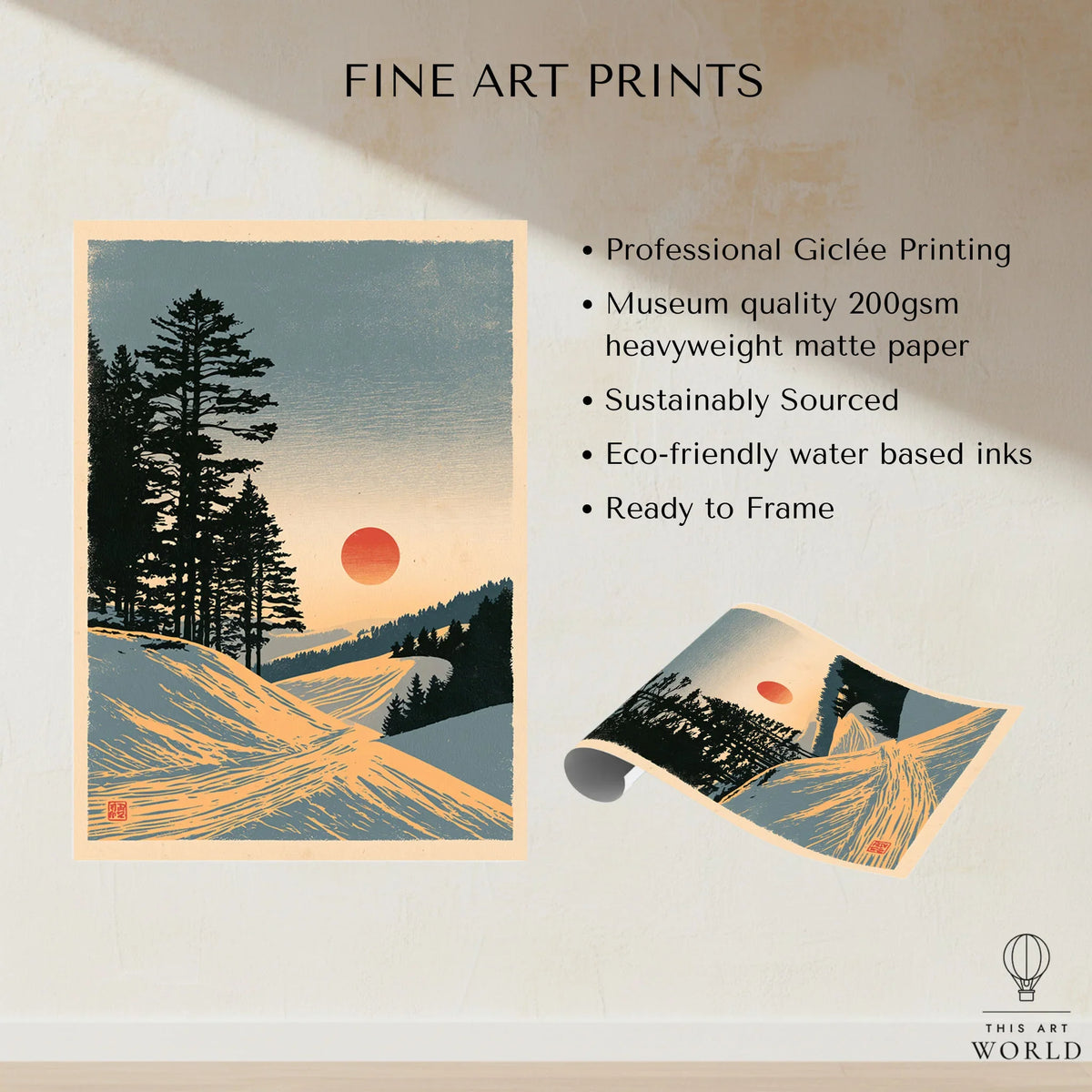 Ski Sunset Poster – Vintage Japanese Alpine Wall Art — fine art print unframed quality details