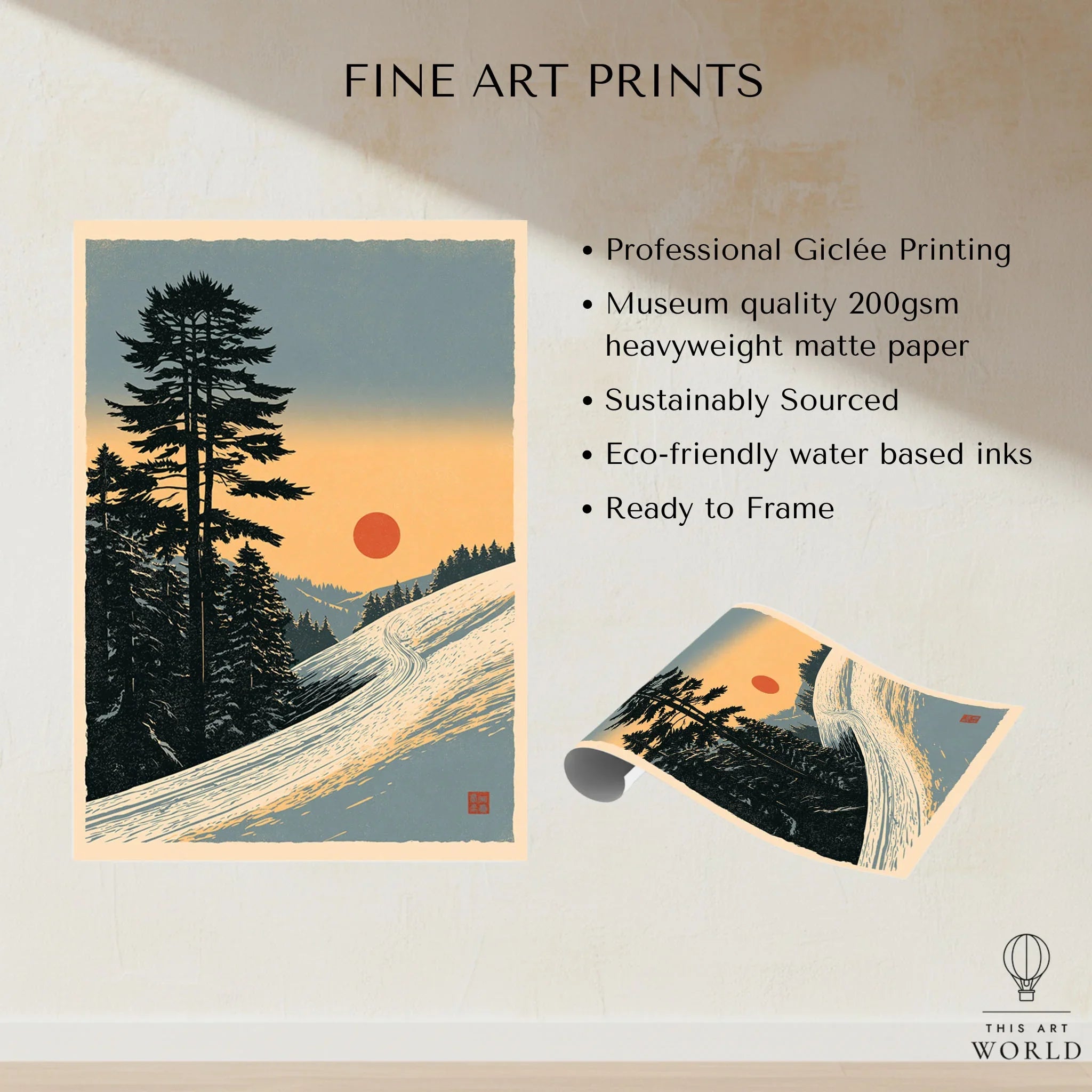 Winter Sunset Ski Print – Vintage Alpine Wall Art — fine art print unframed quality details
