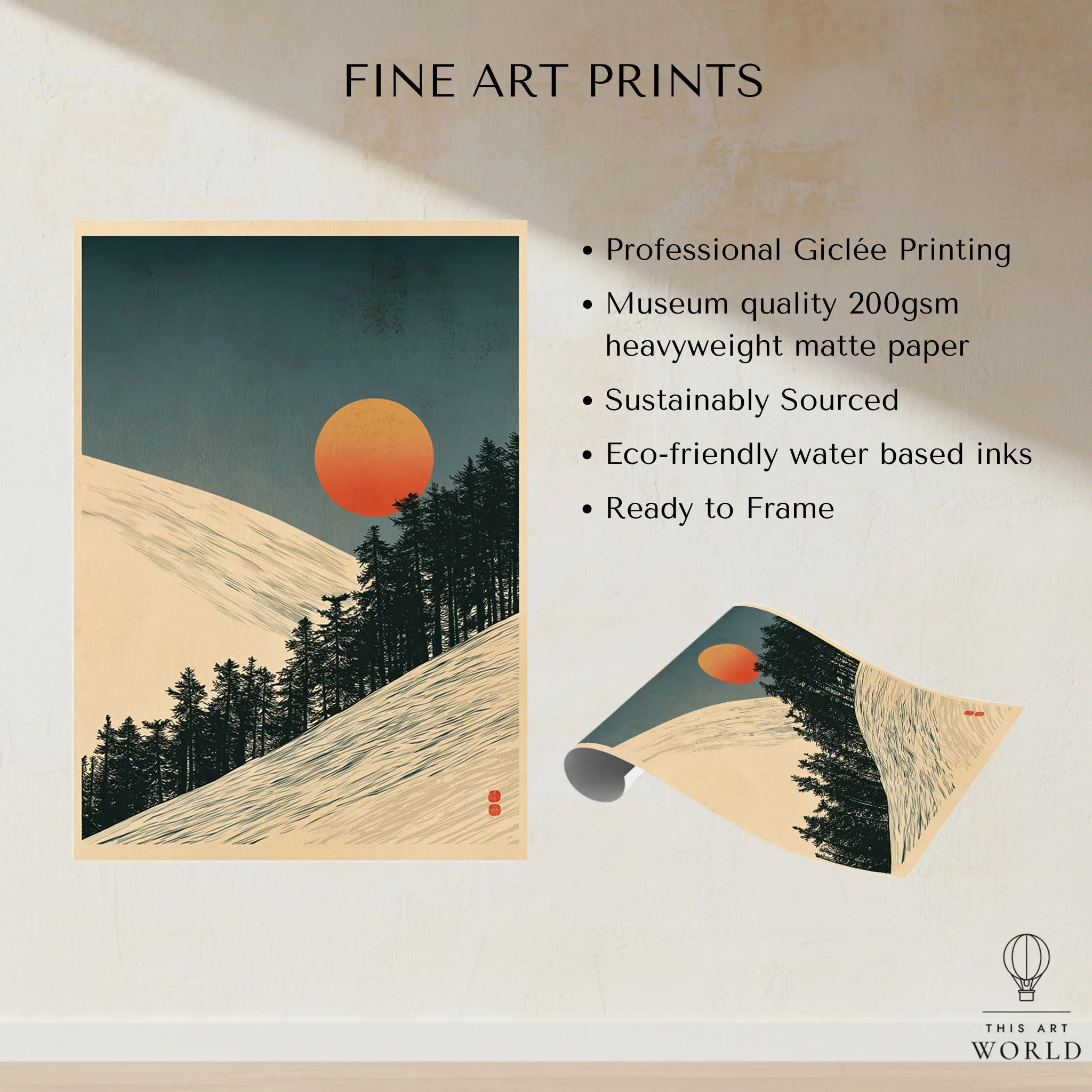 Ski Slope Art Print – Vintage Winter Sunset Wall Art — fine art print unframed quality details