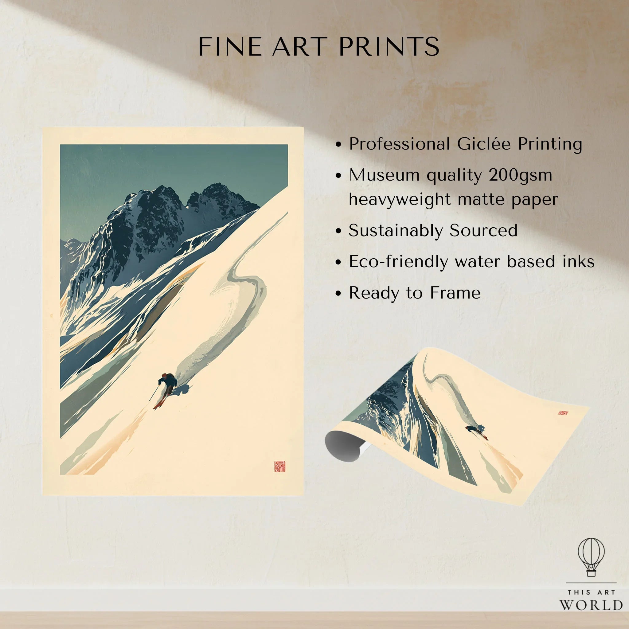 Downhill Skier Art Print – Vintage Ski Poster Wall Art — fine art print unframed quality details