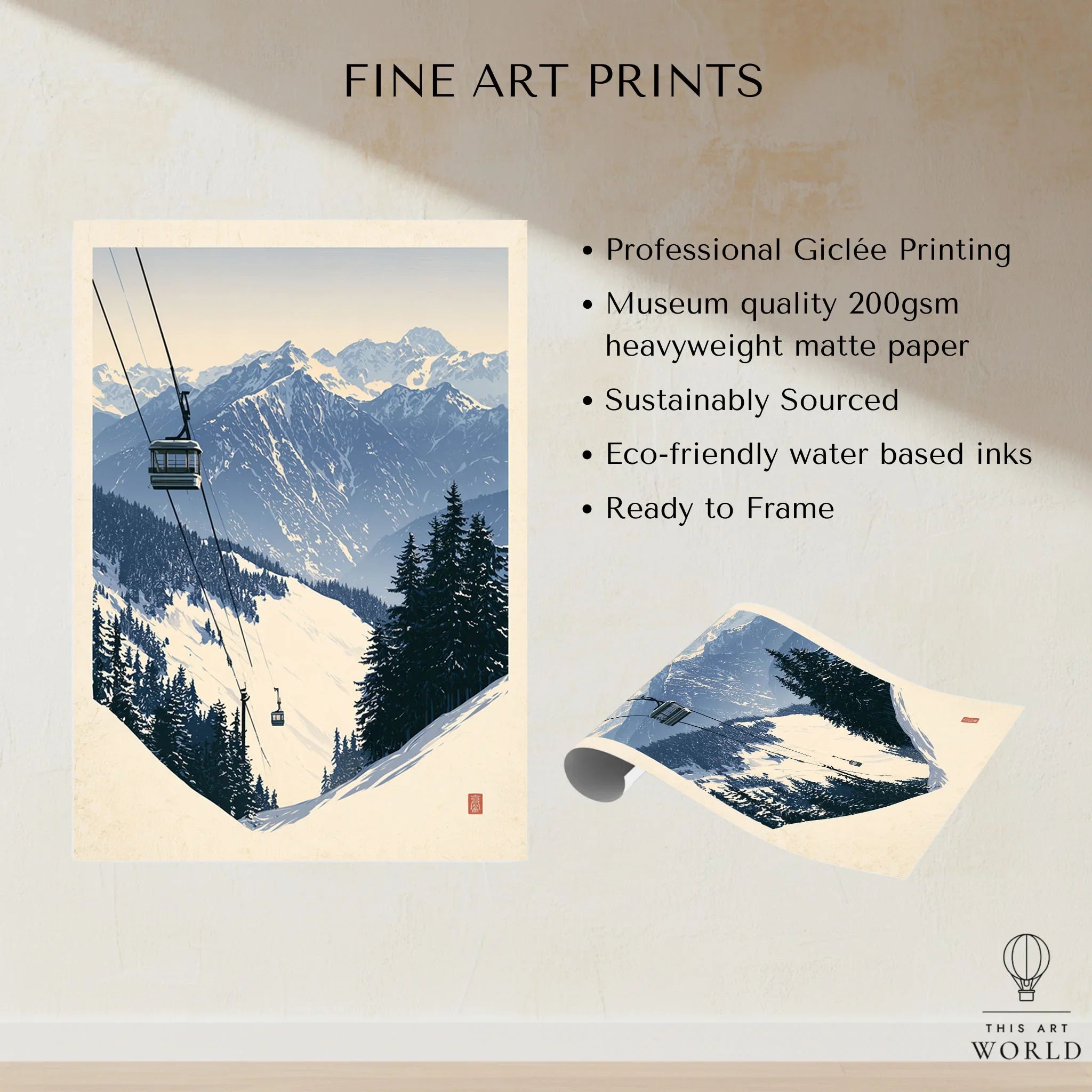 Ski Gondola Poster – Vintage Alpine Cable Car Wall Art — fine art print unframed quality details