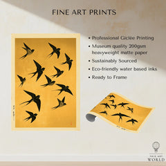 Flying Swallows Wall Art – Vintage Japanese Gold Print — fine art print unframed quality details