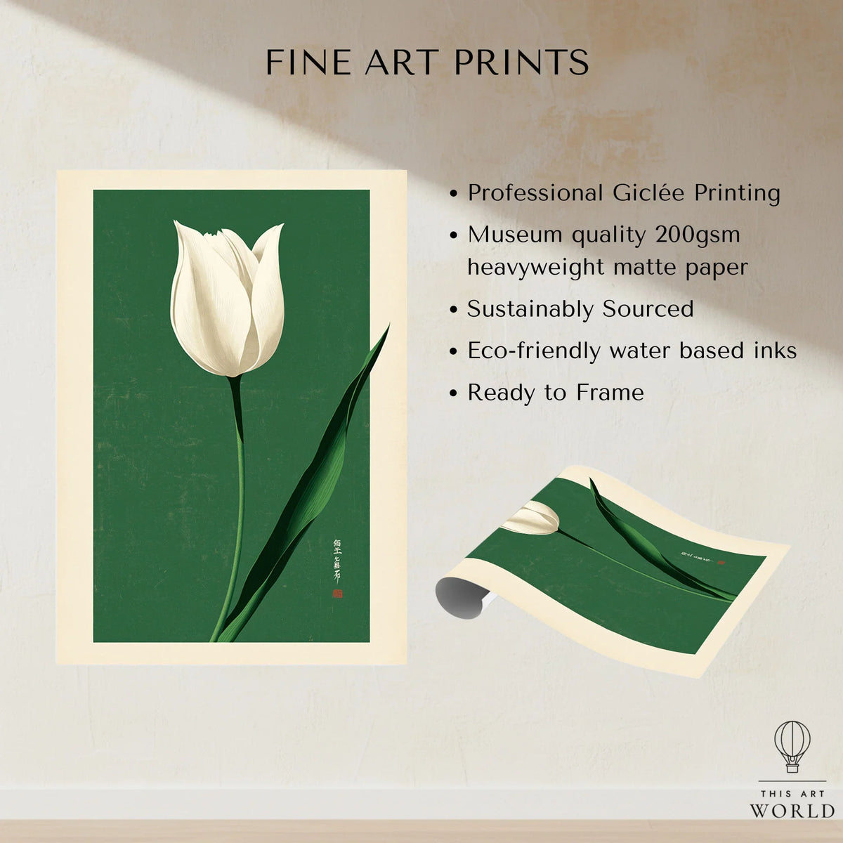 White Tulip Art Print – Green Japanese Botanical Wall Art — fine art print unframed quality details