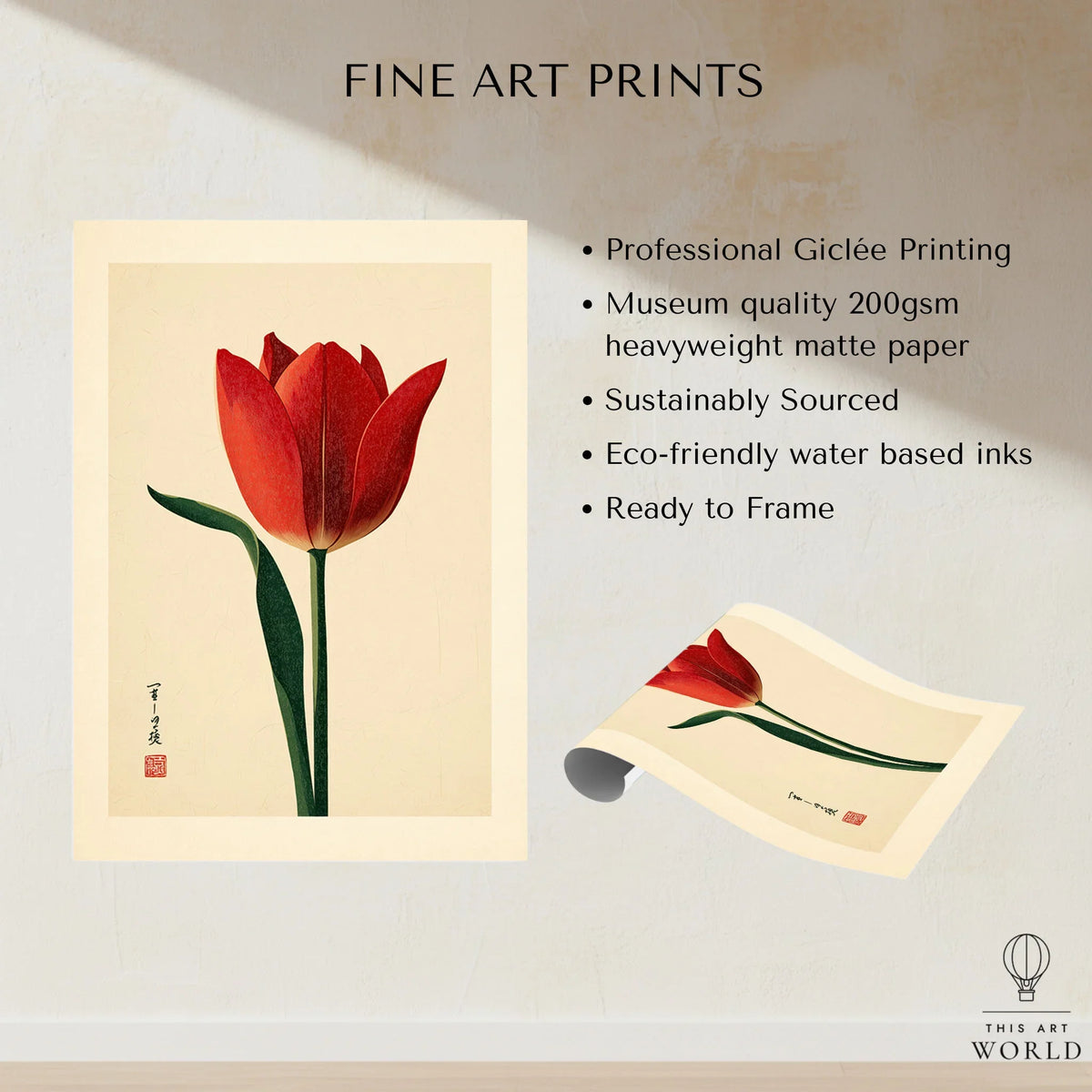 Deep Red Tulip Wall Art – Japanese Botanical Print — fine art print unframed quality details