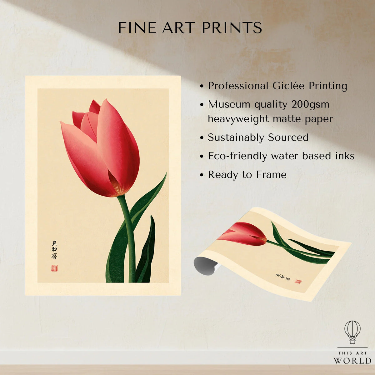 Pink Tulip Art Print – Japanese Botanical Wall Art — fine art print unframed quality details