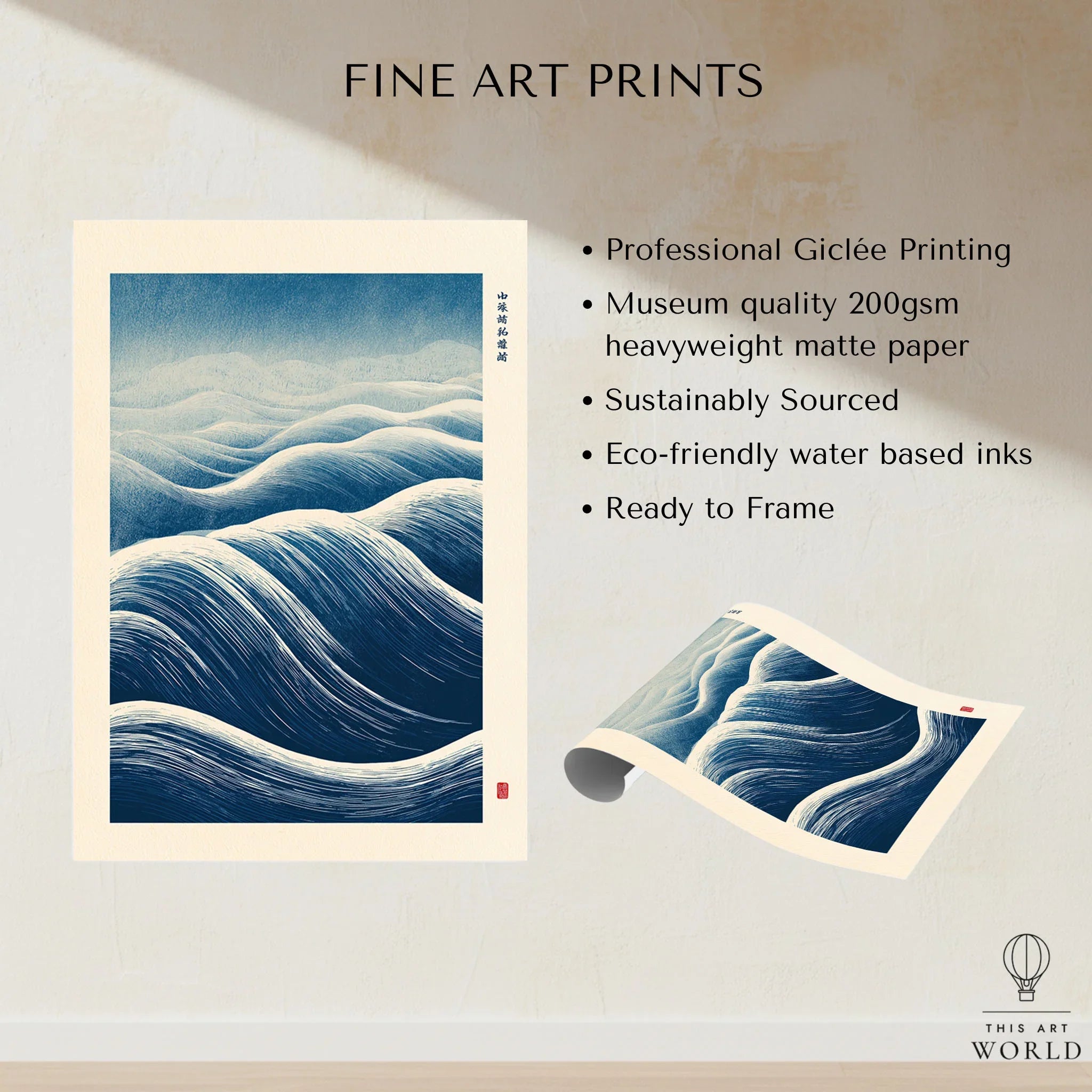 Ocean Wave Art Print – Blue Japanese Woodblock Wall Art — fine art print unframed quality details