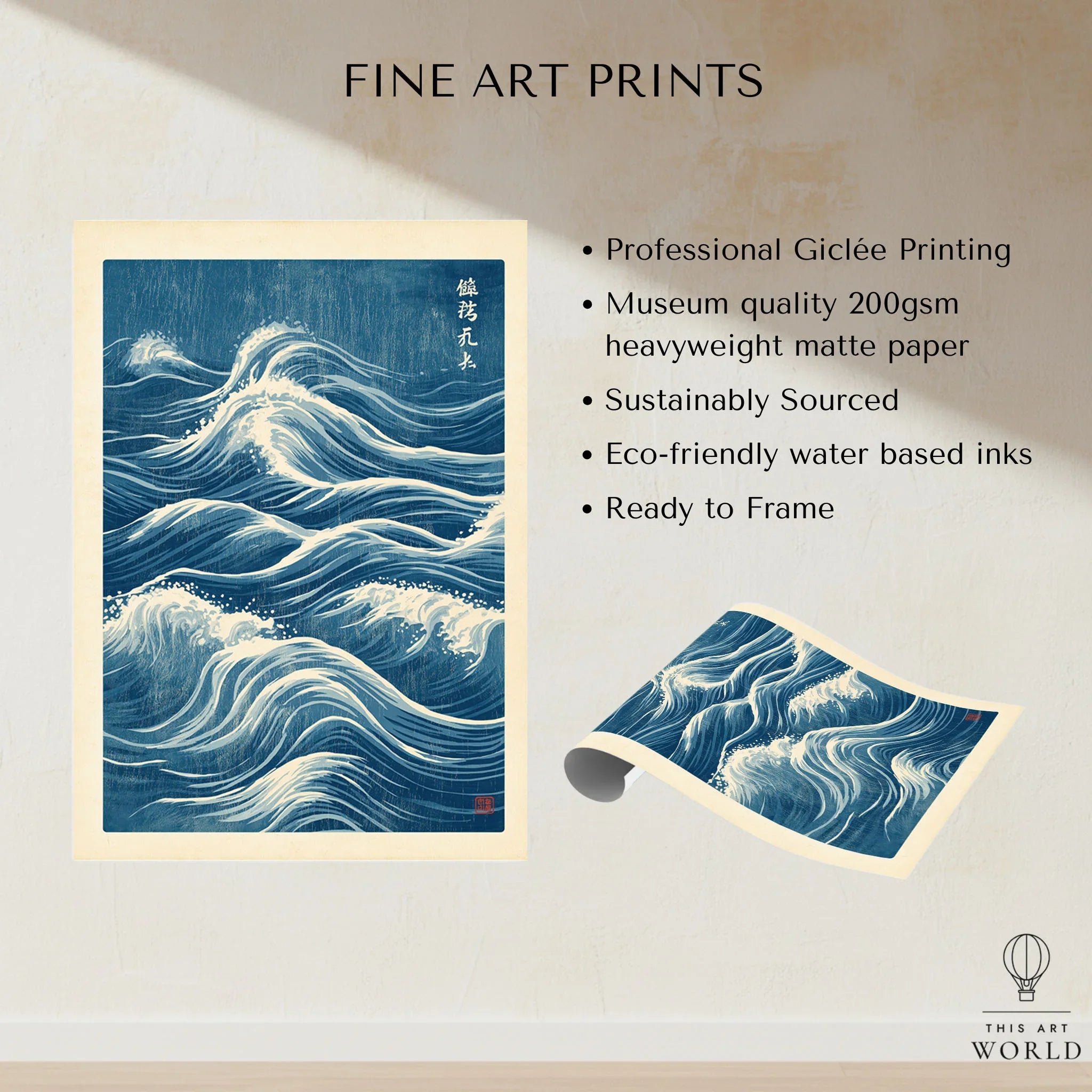 Japanese Waves Wall Art – Vintage Blue Ocean Print — fine art print unframed quality details