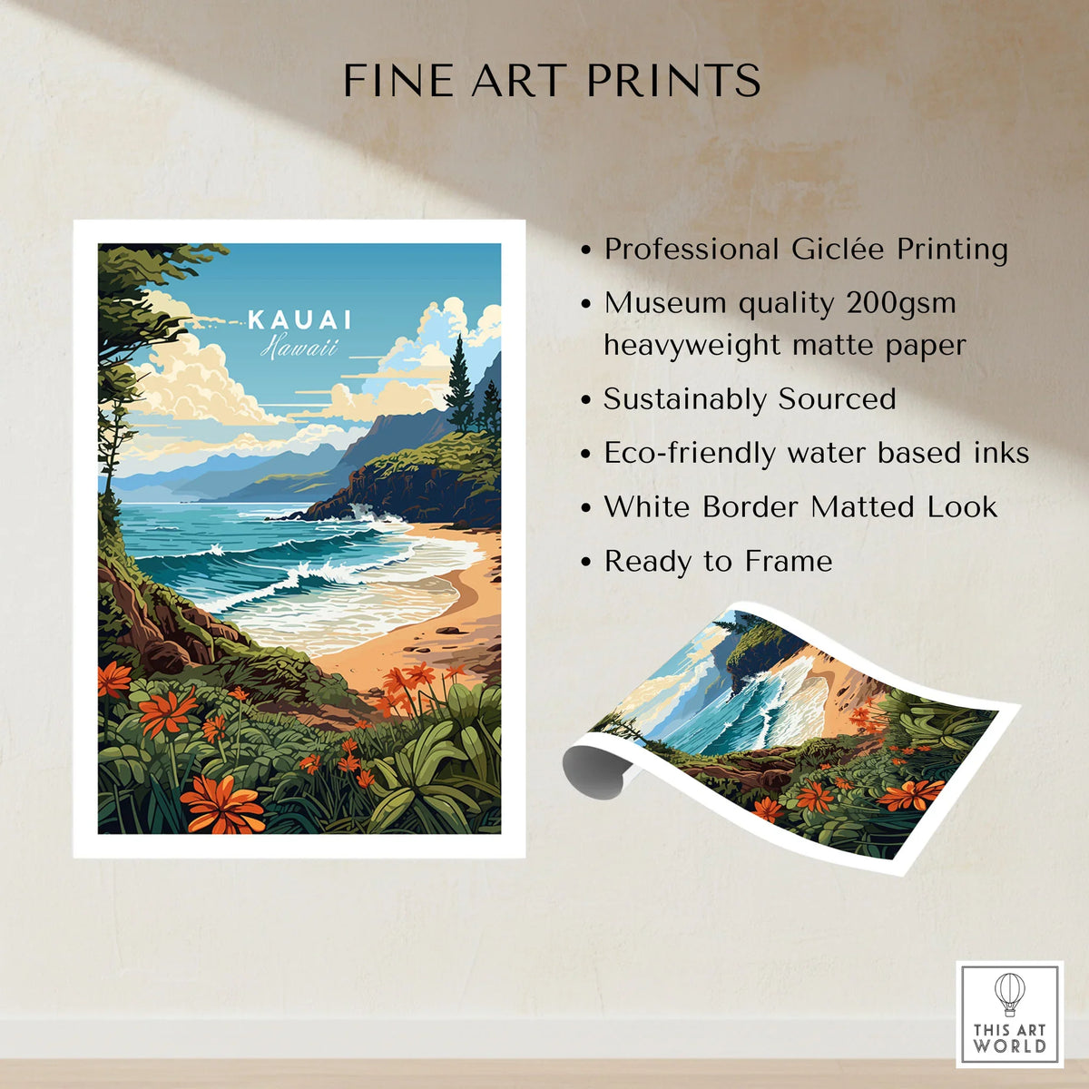Kauai Print fine art print specifications: giclee printing on 200gsm museum quality matte paper, ready to frame