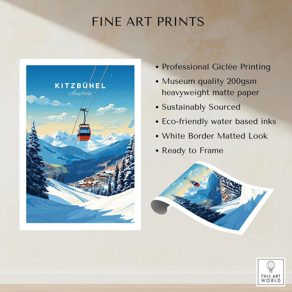 Kitzbuhel Art Print fine art print specifications: giclee printing on 200gsm museum quality matte paper, ready to frame