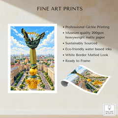 Kyiv Ukraine Independence Monument Travel Poster — the Independence Monument rising above Maidan Nezalezhnosti and the Kyiv skyline, shown as fine art print unframed quality details