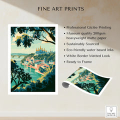 Kyiv Ukraine Golden Domes Travel Poster — golden domes on a wooded bluff above the Dnipro river, shown as fine art print unframed quality details