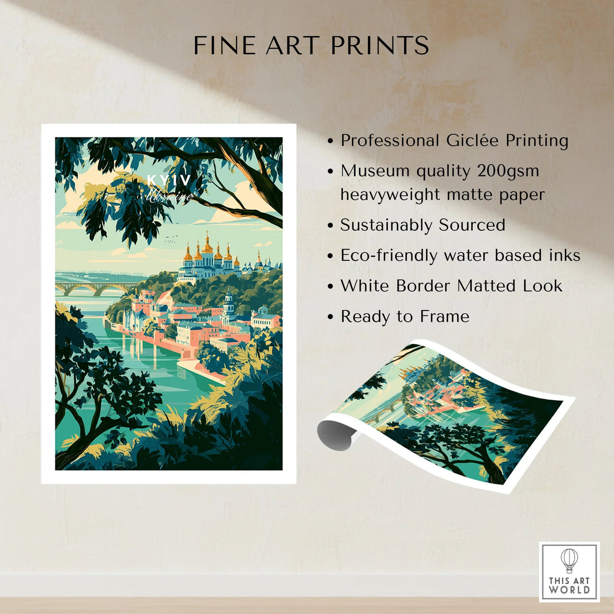 Kyiv Ukraine Golden Domes Travel Poster — golden domes on a wooded bluff above the Dnipro river, shown as fine art print unframed quality details