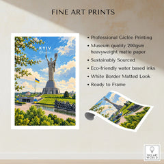 Kyiv Ukraine Motherland Monument Travel Poster — the Motherland Monument under spring blossom with the Ukrainian flag flying, shown as fine art print unframed quality details