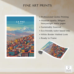 La Paz Bolivia Andes Mountain City Print - Travel Poster fine art print specifications: giclee printing on 200gsm museum quality matte paper, ready to frame