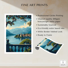 Lake Maggiore Travel Poster fine art print specifications: giclee printing on 200gsm museum quality matte paper, ready to frame