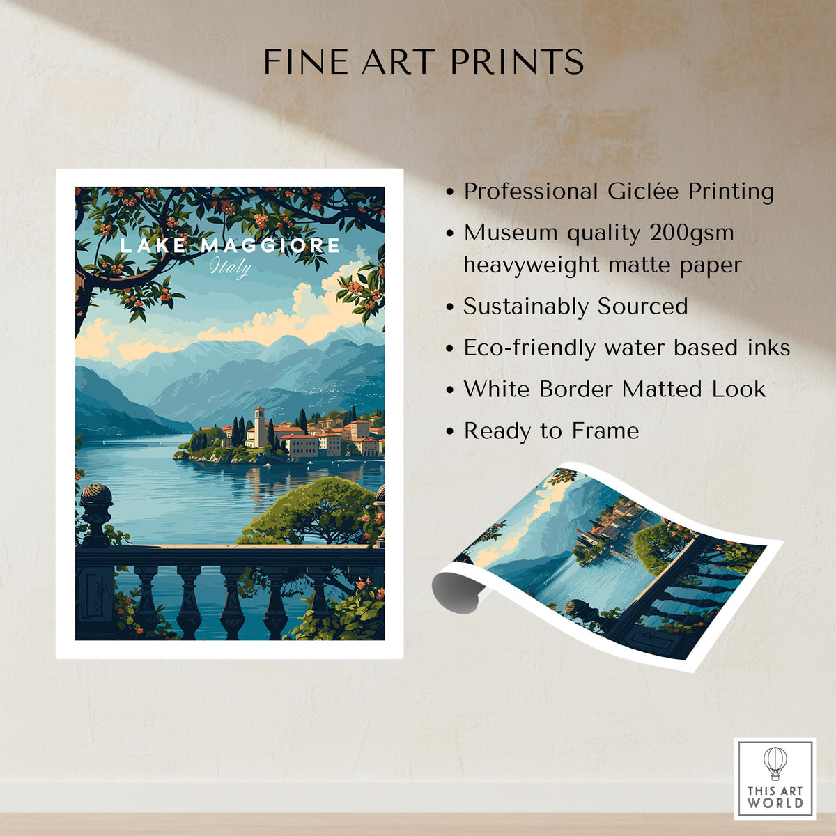 Lake Maggiore Travel Poster fine art print specifications: giclee printing on 200gsm museum quality matte paper, ready to frame