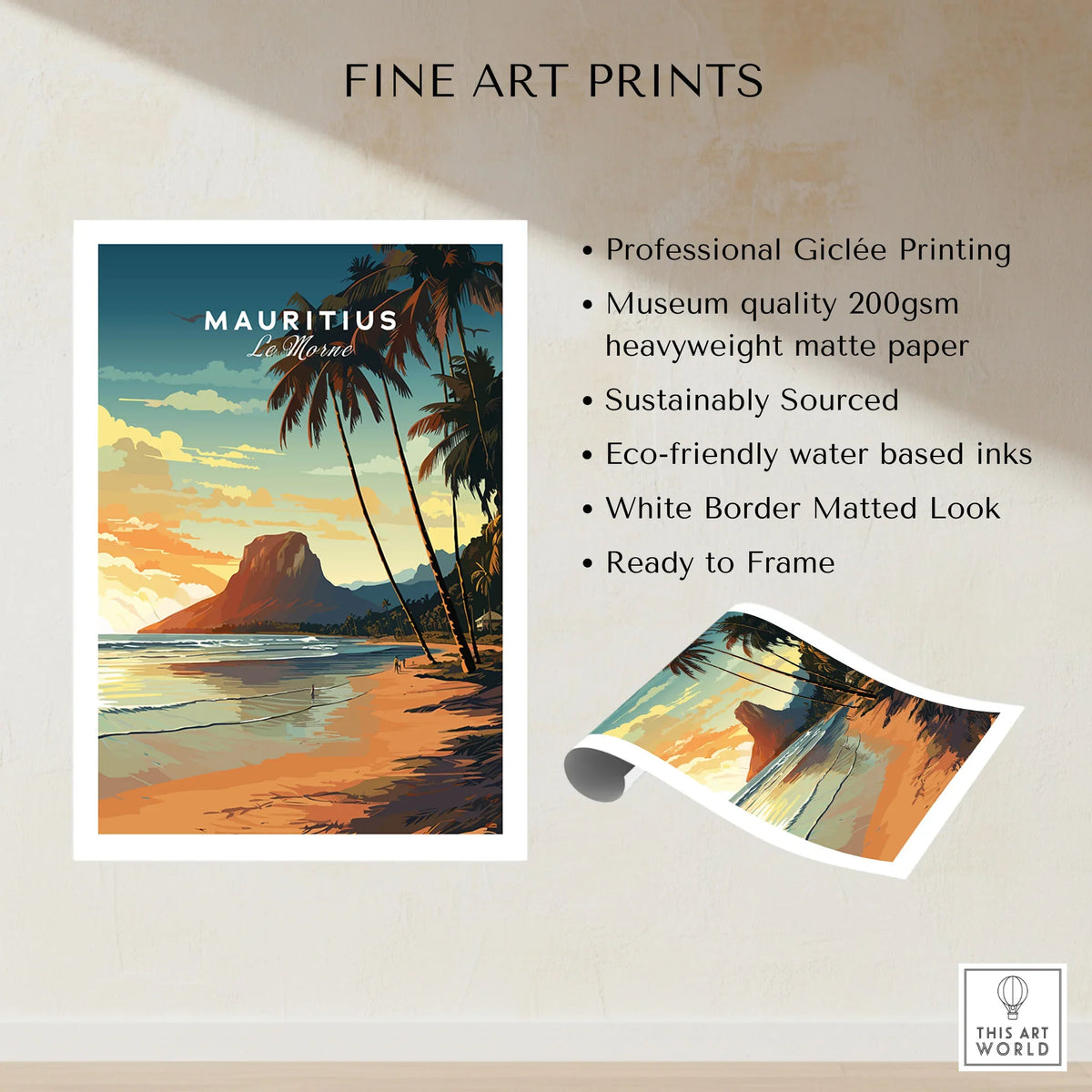 Mauritius Le Morne Poster fine art print specifications: giclee printing on 200gsm museum quality matte paper, ready to frame
