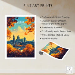 Leeds Wall Art Print - United Kingdom Travel Poster fine art print specifications: giclee printing on 200gsm museum quality matte paper, ready to frame