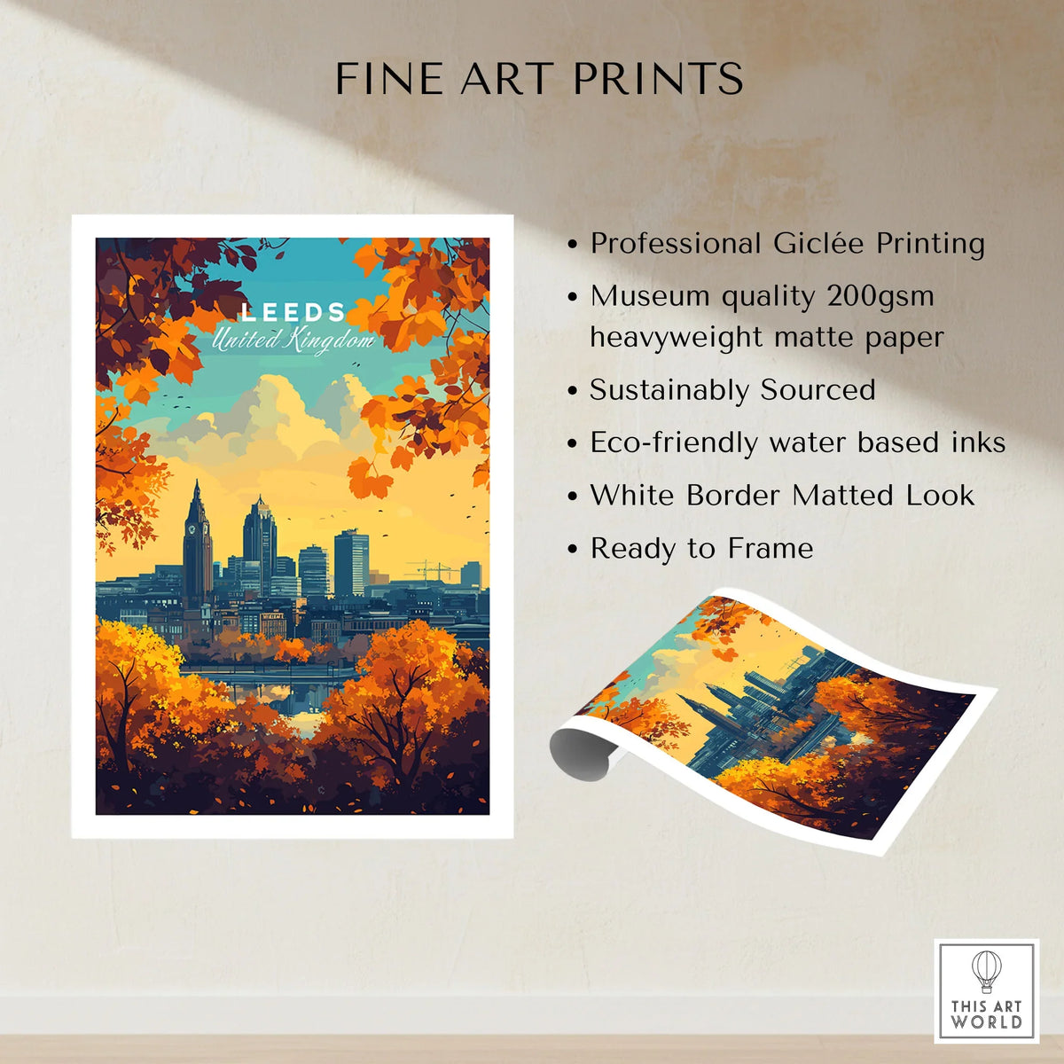 Leeds Wall Art Print - United Kingdom Travel Poster fine art print specifications: giclee printing on 200gsm museum quality matte paper, ready to frame