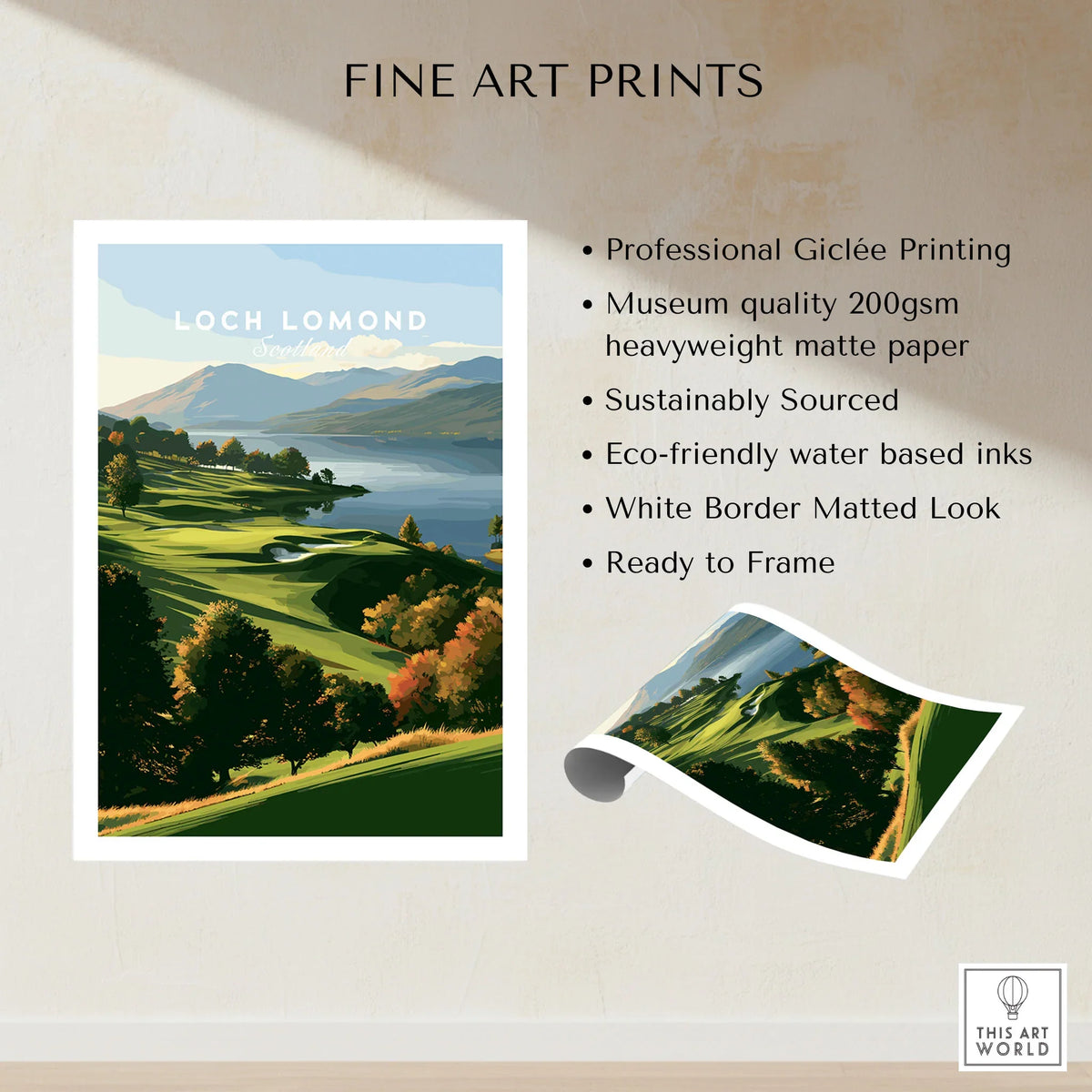Loch Lomond Scotland Autumn Lochside Travel Poster — autumn slopes rolling down to Loch Lomond with Highland hills beyond, shown as fine art print unframed quality details