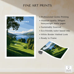 Loch Lomond Scotland Summer Shore Travel Poster — a sunlit grassy shoreline running down to Loch Lomond under old oaks, shown as fine art print unframed quality details