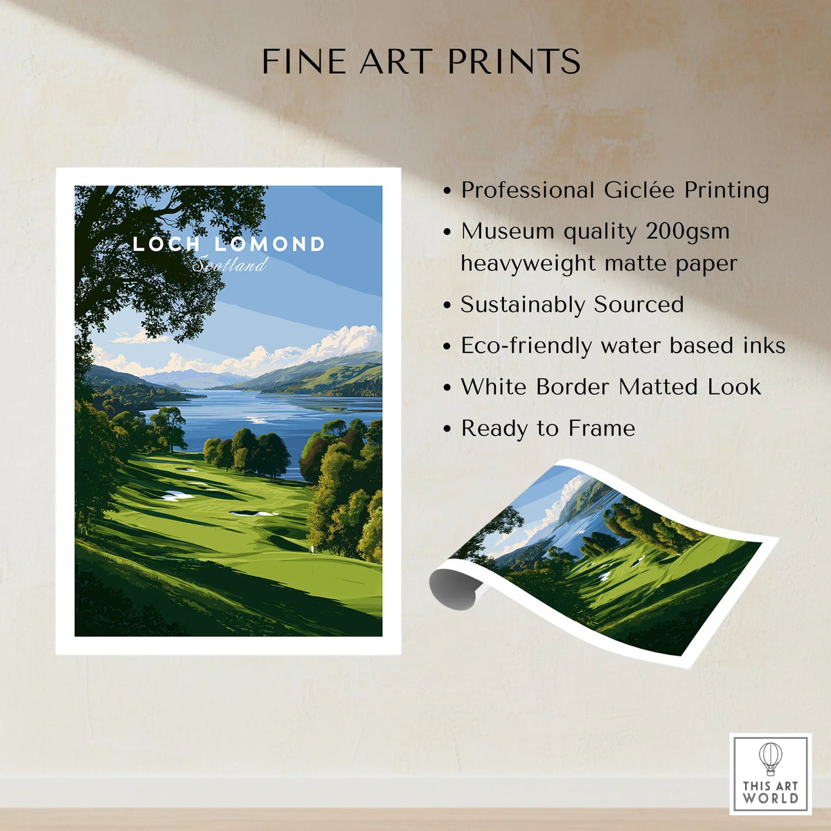 Loch Lomond Scotland Summer Shore Travel Poster — a sunlit grassy shoreline running down to Loch Lomond under old oaks, shown as fine art print unframed quality details