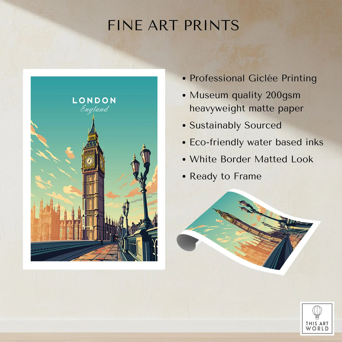 London Poster Big Ben fine art print specifications: giclee printing on 200gsm museum quality matte paper, ready to frame