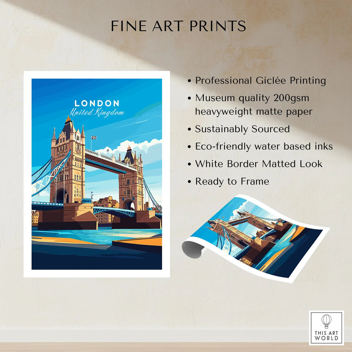 London Print England fine art print specifications: giclee printing on 200gsm museum quality matte paper, ready to frame