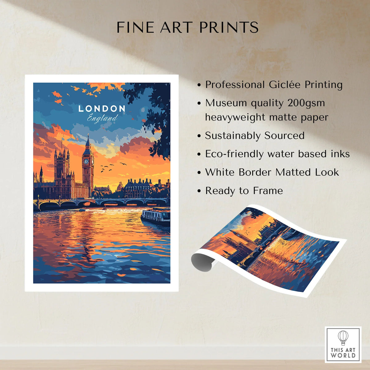 London Skyline Art | Big Ben & Houses of Parliament Print fine art print specifications: giclee printing on 200gsm museum quality matte paper, ready to frame