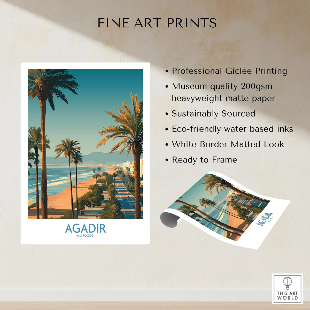 Agadir Morocco Wall Art Canvas fine art print specifications: giclee printing on 200gsm museum quality matte paper, ready to frame