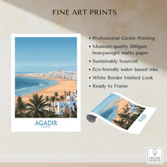 Agadir Morocco Print – Panoramic Beach and Palm Tree Wall Decor fine art print specifications: giclee printing on 200gsm museum quality matte paper, ready to frame