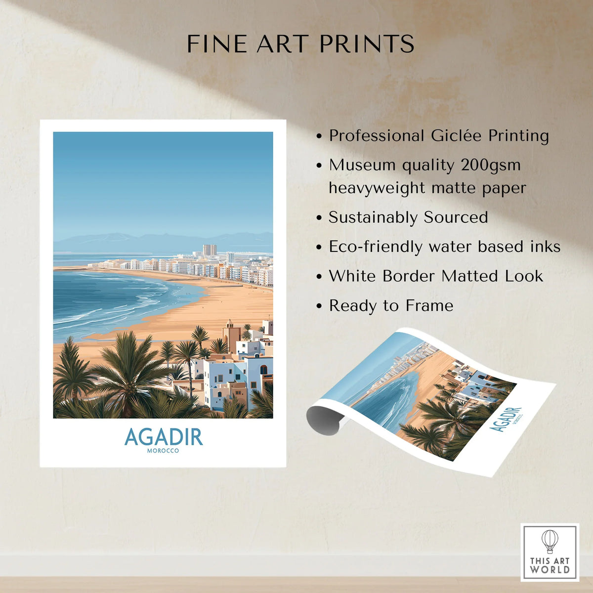 Agadir Morocco Print – Panoramic Beach and Palm Tree Wall Decor fine art print specifications: giclee printing on 200gsm museum quality matte paper, ready to frame