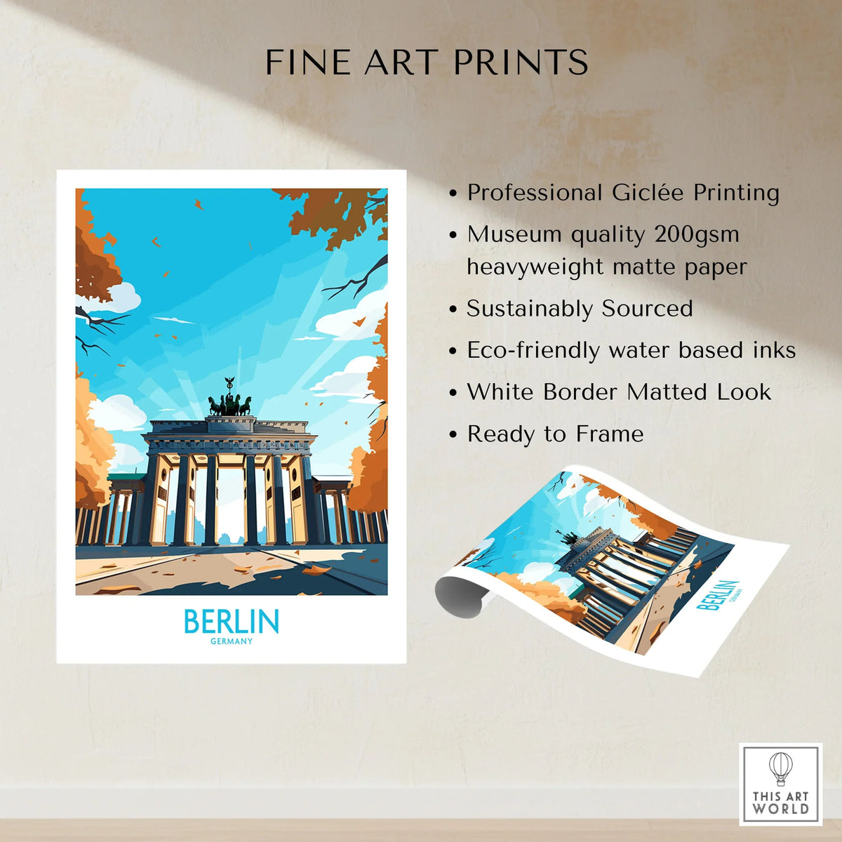 Berlin Wall Art Modern fine art print specifications: giclee printing on 200gsm museum quality matte paper, ready to frame