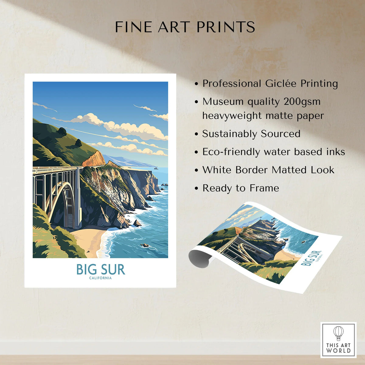 Big Sur Wall Art | Modern Style fine art print specifications: giclee printing on 200gsm museum quality matte paper, ready to frame