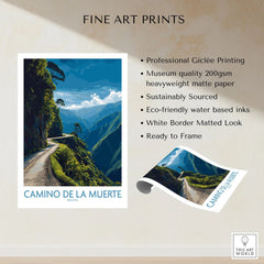 Camino de la Muerte Bolivia Cliff Road Wall Art — the Yungas cliff road curving along a jungle mountainside above the Bolivian Andes, shown as fine art print unframed quality details