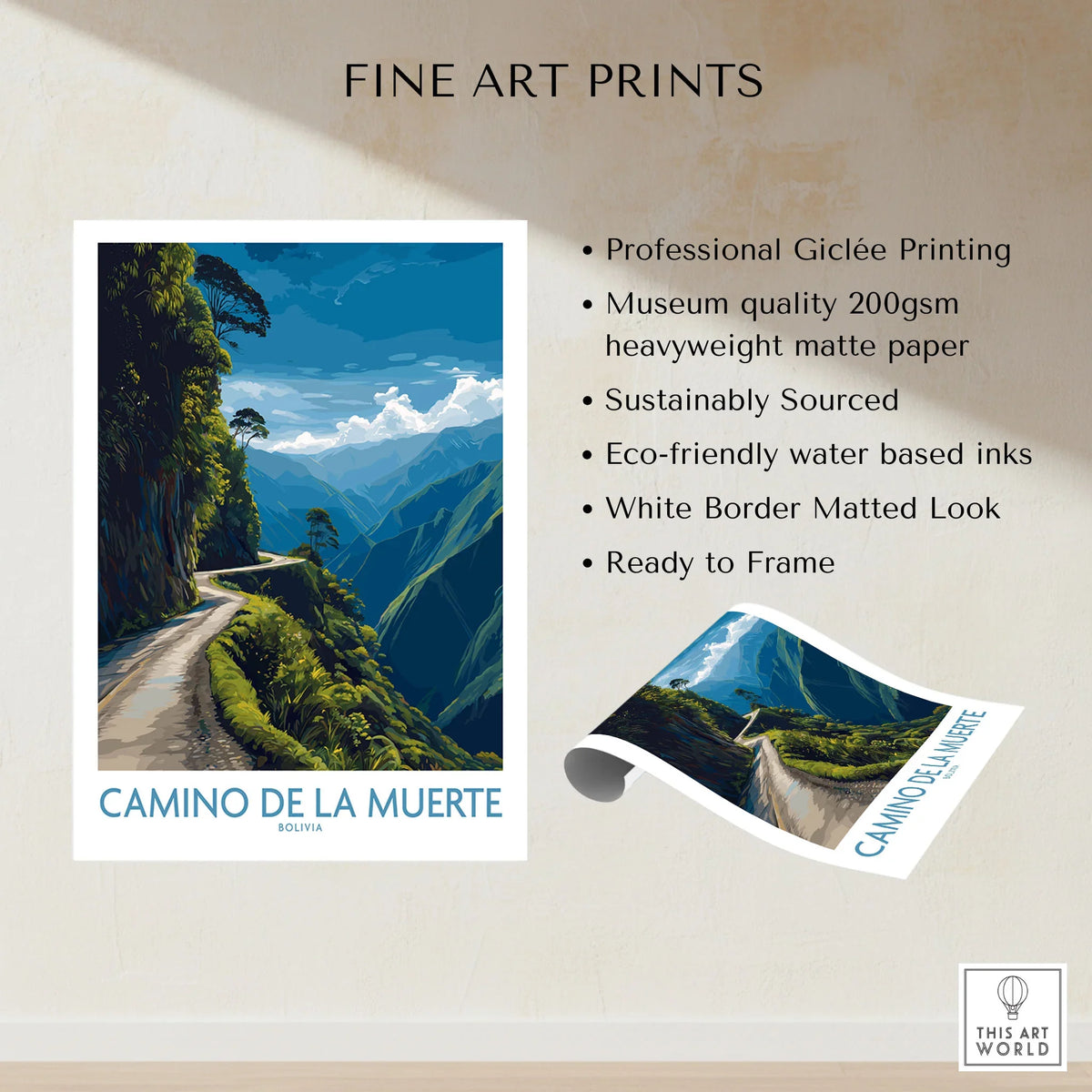 Camino de la Muerte Bolivia Cliff Road Wall Art — the Yungas cliff road curving along a jungle mountainside above the Bolivian Andes, shown as fine art print unframed quality details