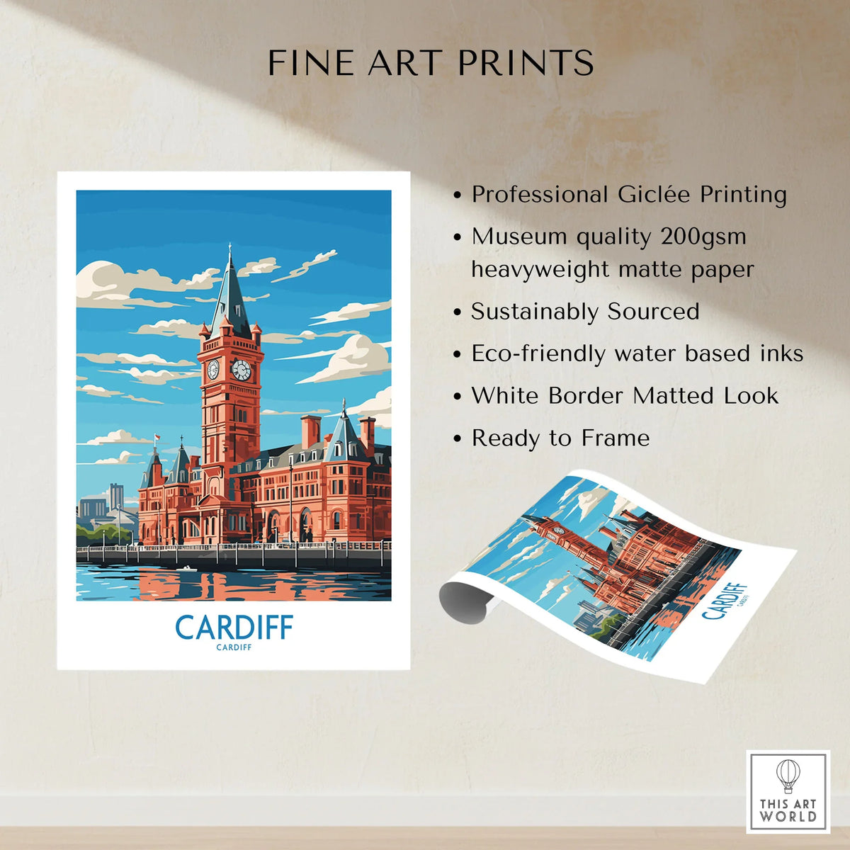 Cardiff Travel Print fine art print specifications: giclee printing on 200gsm museum quality matte paper, ready to frame