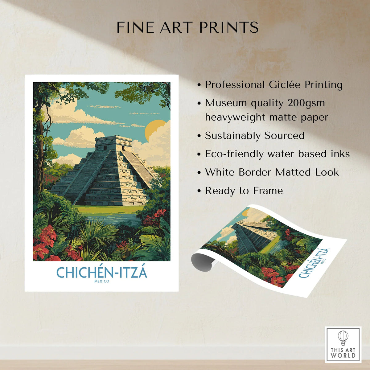 Mexico Chichén Itzá Mayan Pyramid Poster Jungle Ruins Travel Print El Castillo Art fine art print specifications: giclee printing on 200gsm museum quality matte paper, ready to frame