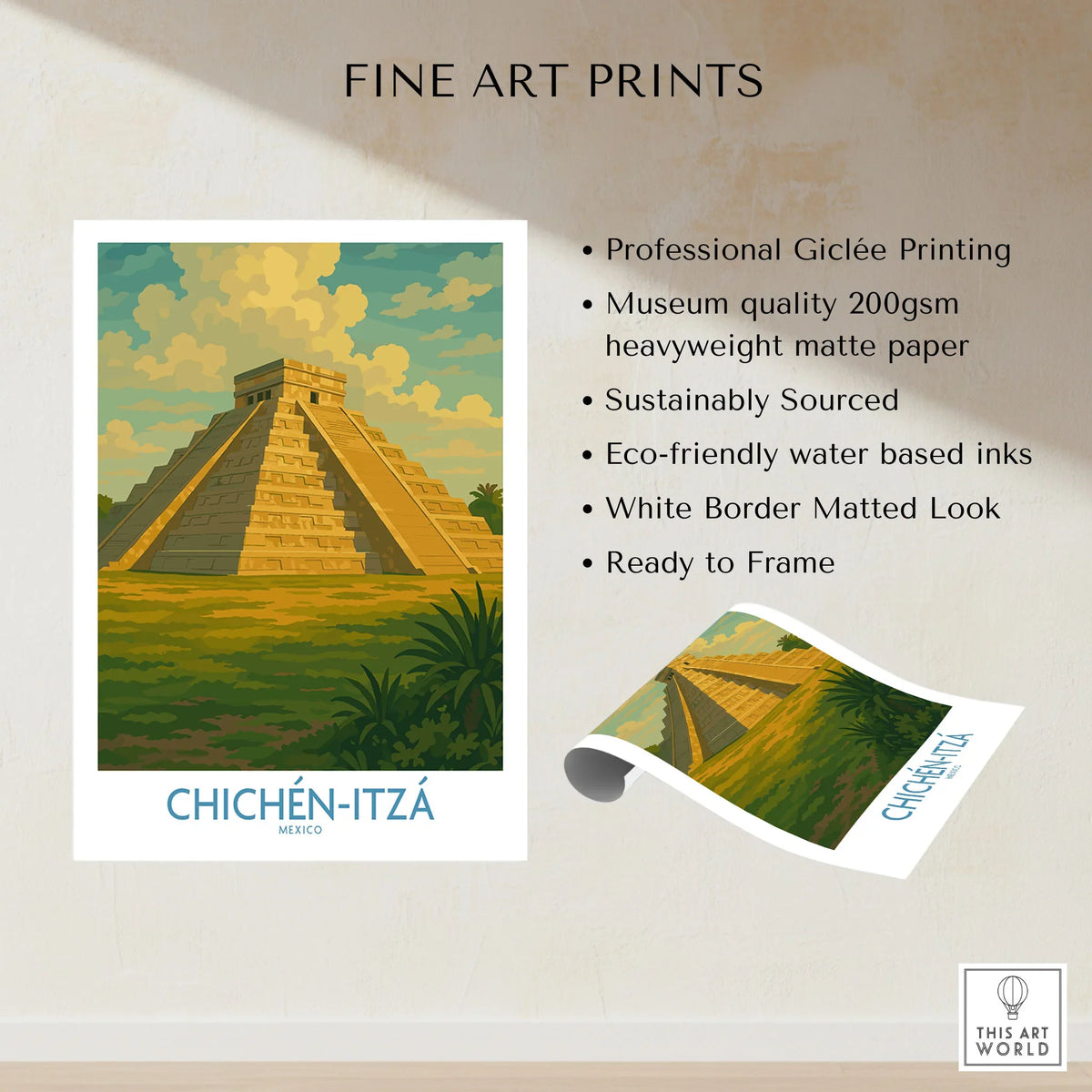 Mexico Mayan Pyramid Chichén Itzá Travel Poster El Castillo Landscape Print Wall Art fine art print specifications: giclee printing on 200gsm museum quality matte paper, ready to frame