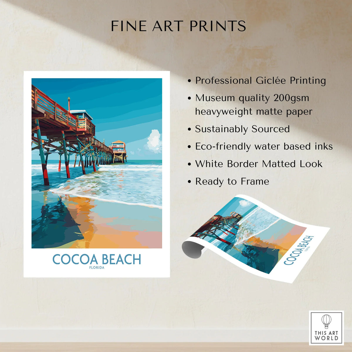 Cocoa Beach Pier Poster - Florida Beach Travel Decor fine art print specifications: giclee printing on 200gsm museum quality matte paper, ready to frame