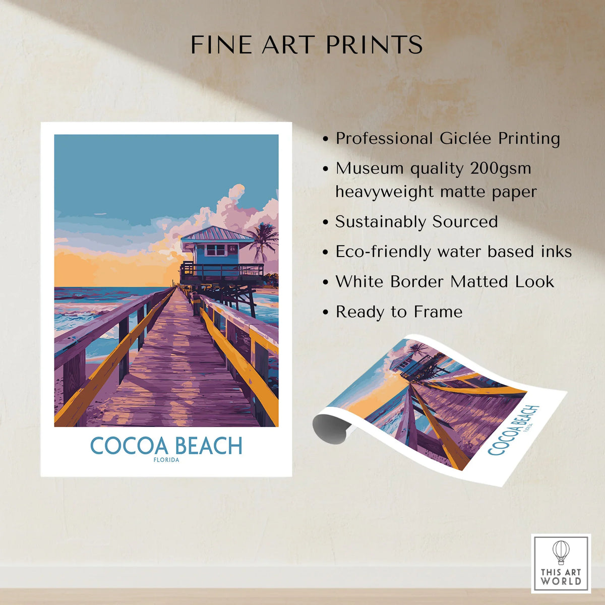 Cocoa Beach Florida Wooden Pier Poster - Golden Hour Sunset Decor fine art print specifications: giclee printing on 200gsm museum quality matte paper, ready to frame