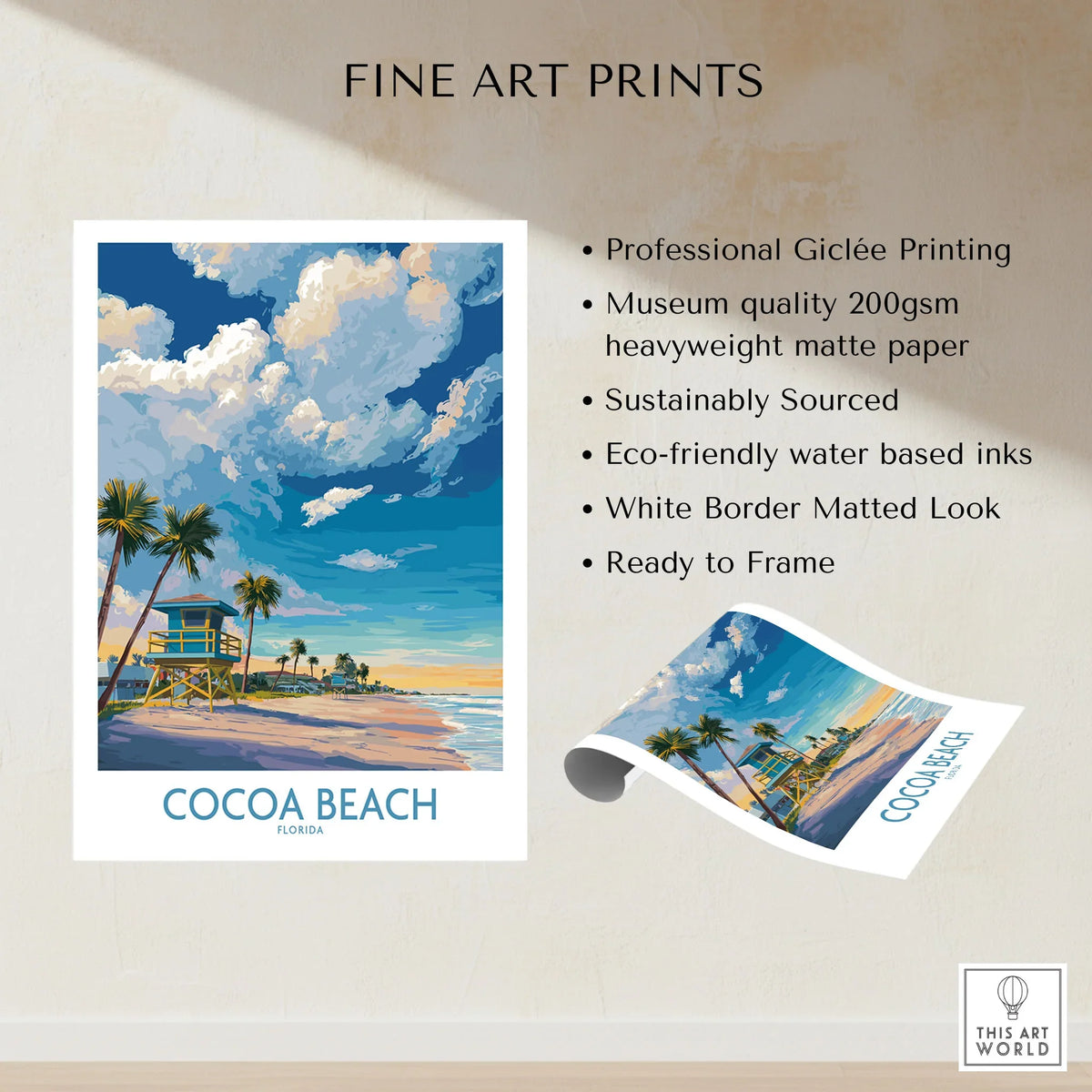 Cocoa Beach Florida Oceanfront Landscape Print - Florida Coast Decor fine art print specifications: giclee printing on 200gsm museum quality matte paper, ready to frame