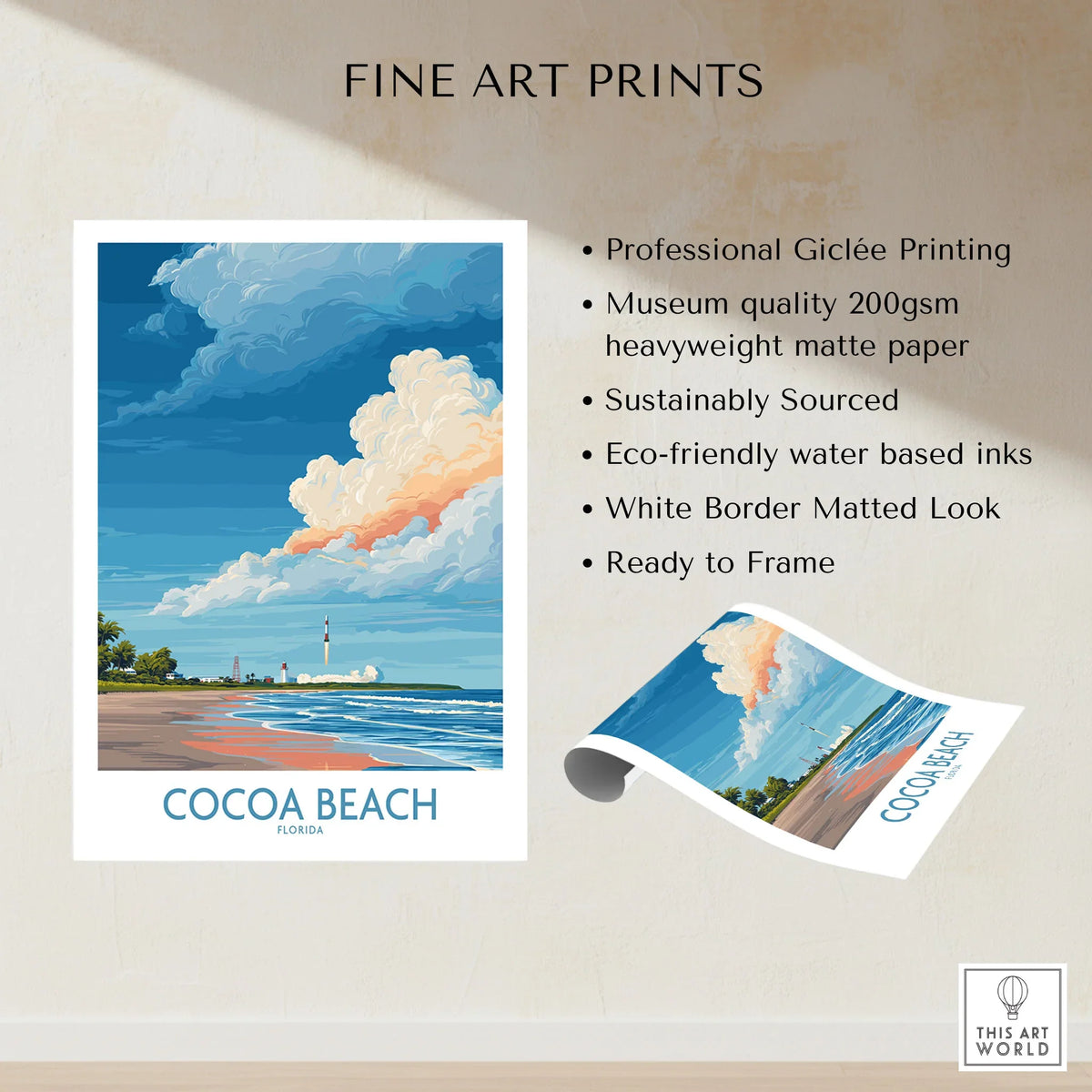 Cocoa Beach Kennedy Space Center Poster - Florida Wall Art Decor fine art print specifications: giclee printing on 200gsm museum quality matte paper, ready to frame