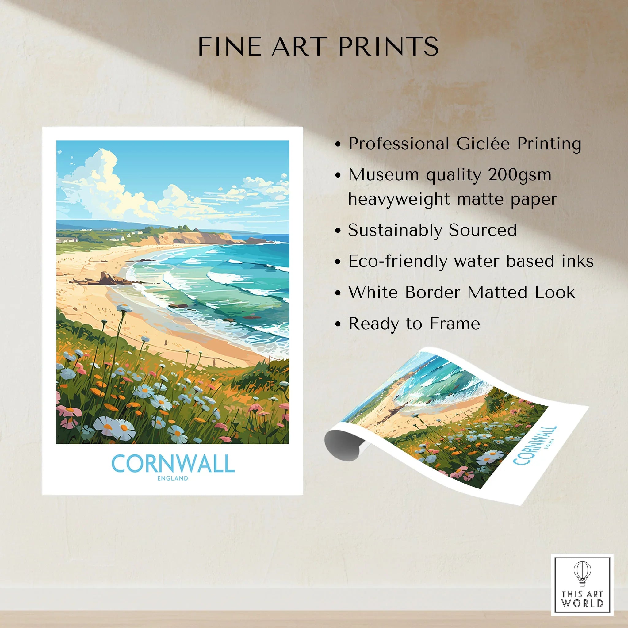 Cornwall Wall Art | Modern Style fine art print specifications: giclee printing on 200gsm museum quality matte paper, ready to frame