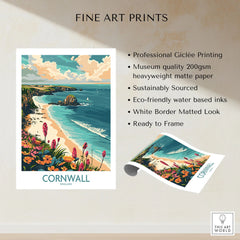 Cornwall Travel Poster - United Kingdom fine art print specifications: giclee printing on 200gsm museum quality matte paper, ready to frame