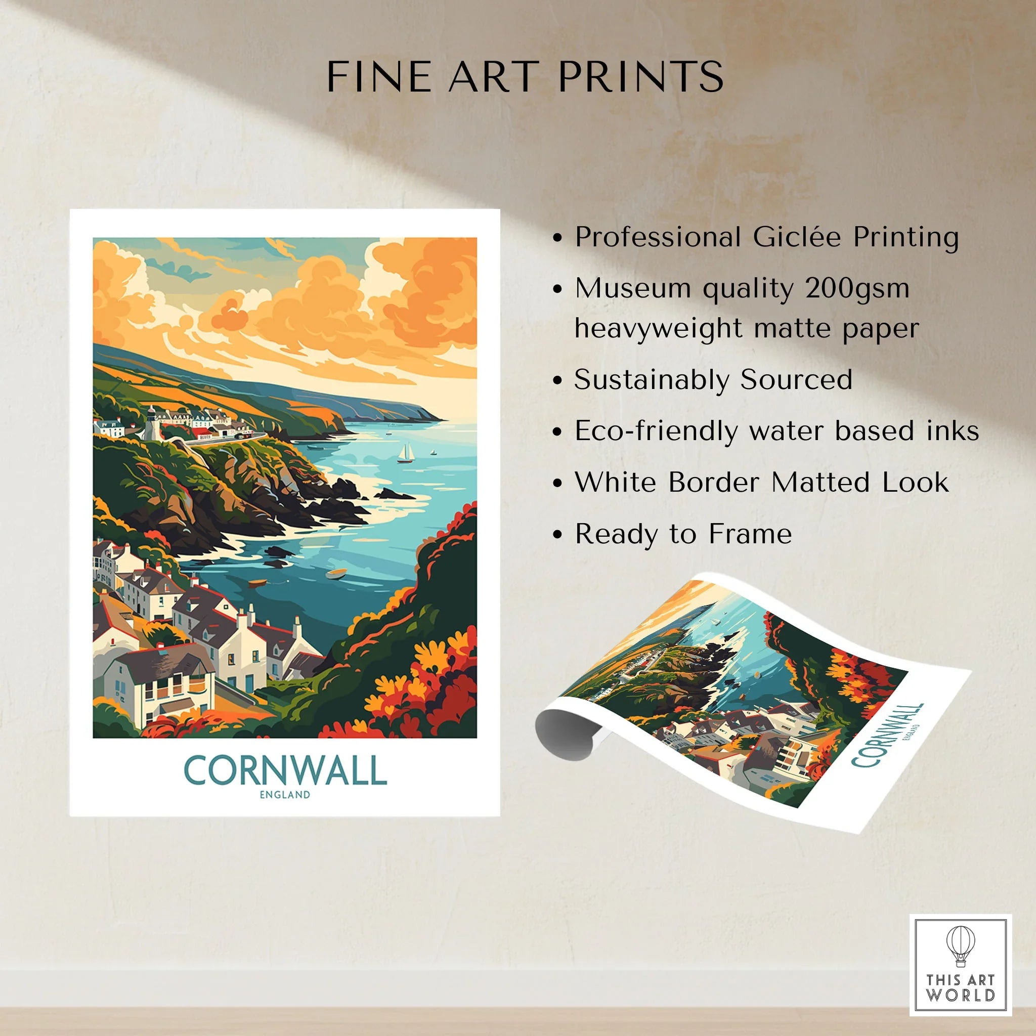 Cornwall Art Print - Modern fine art print specifications: giclee printing on 200gsm museum quality matte paper, ready to frame