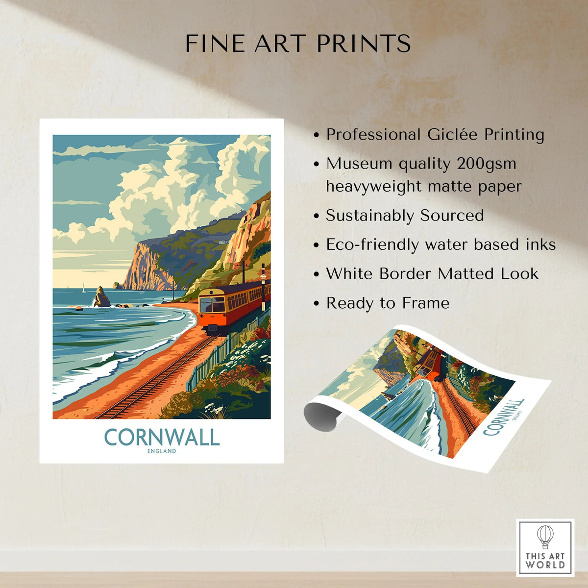 Cornwall Coast Wall Art Print fine art print specifications: giclee printing on 200gsm museum quality matte paper, ready to frame