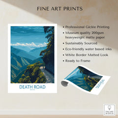 Death Road Bolivia Hiking Trail Art Print | Camino de la Muerte Poster fine art print specifications: giclee printing on 200gsm museum quality matte paper, ready to frame