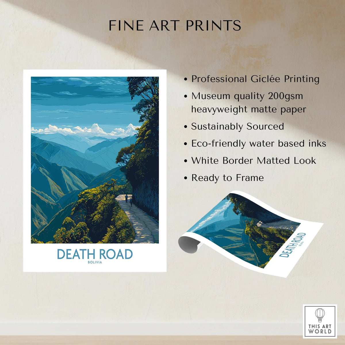 Death Road Bolivia Hiking Trail Art Print | Camino de la Muerte Poster fine art print specifications: giclee printing on 200gsm museum quality matte paper, ready to frame