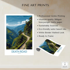 Death Road Bolivia Art Print | Yungas Road Poster fine art print specifications: giclee printing on 200gsm museum quality matte paper, ready to frame